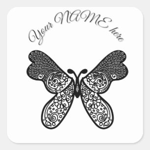 Intricate Boho Mandala Butterfly Black and White A Square Sticker