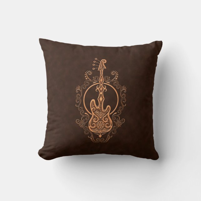 Intricate Brown Bass Guitar Design Throw Pillow (Front)