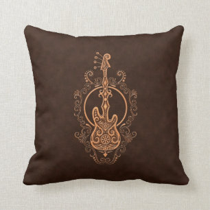 Intricate Brown Bass Guitar Design Throw Pillow