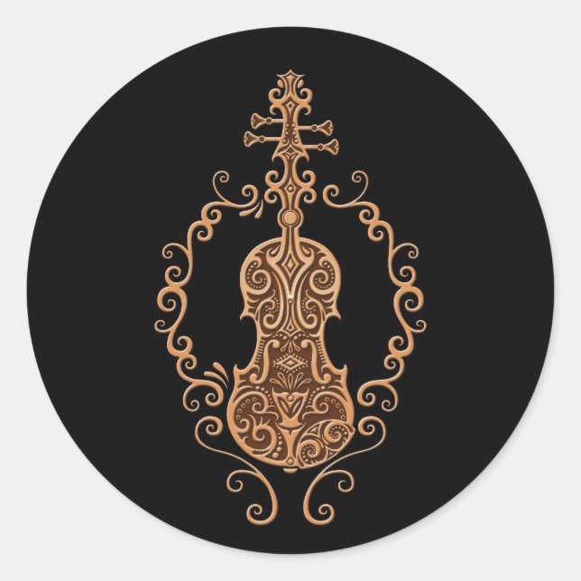 Intricate Brown Violin Design on Black Classic Round Sticker (Front)