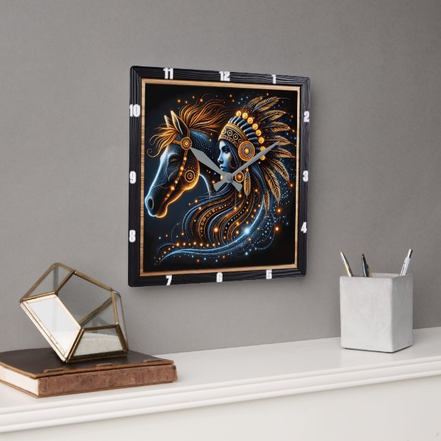 Intricate Dance of Horse and Native Warrior Spirit Square Wall Clock (Office)