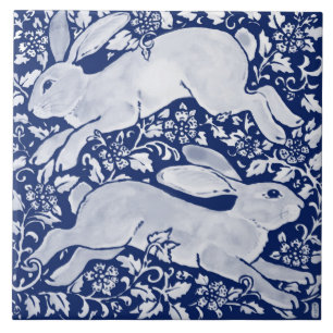 Intricate Dark Blue Rabbit Pair Floral Navy Cobalt Tile