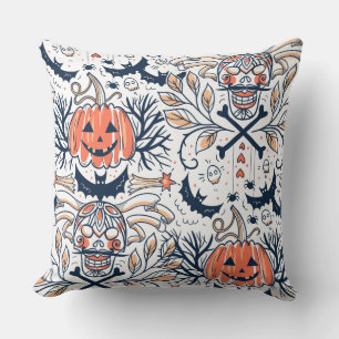 Intricate Dark Halloween Skull Pumpkin Pattern Throw Pillow