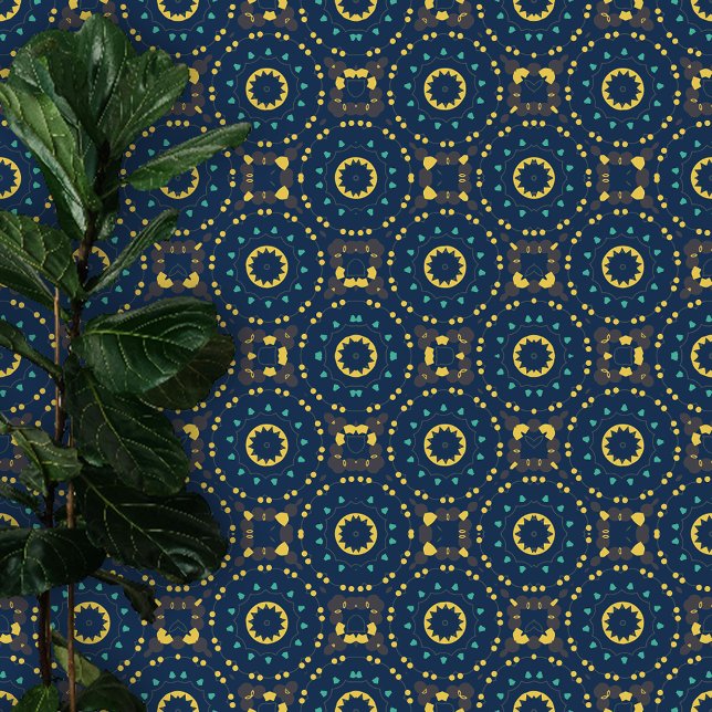 Intricate Deep Blue Teal Yellow Moroccan Geometric Wallpaper (Creator Uploaded)