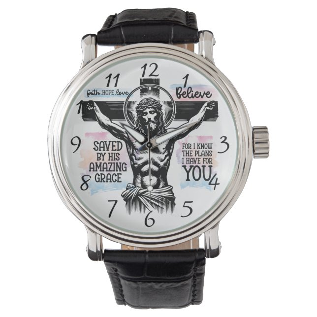 Intricate Depiction of Jesus on the Cross Watch (Front)