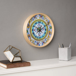 Intricate Deruta Motif Floral Pattern Kitchen Clock
