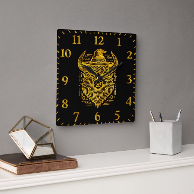Intricate Design of a Bison With a Hat Square Wall Clock (Office)