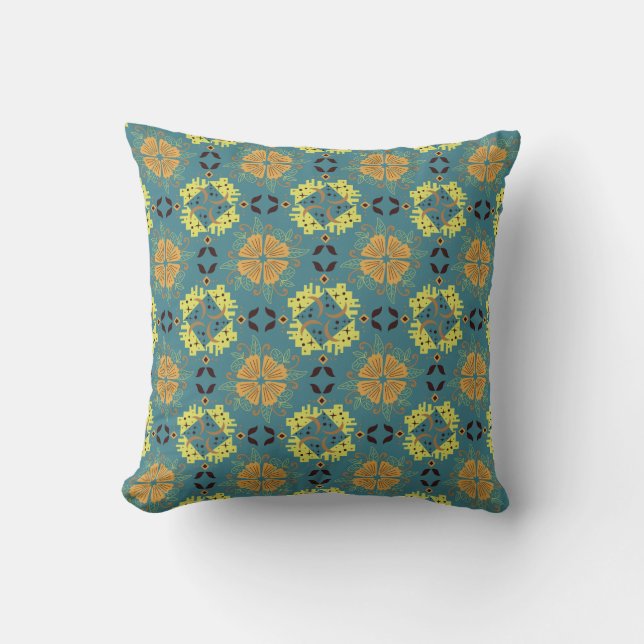 Intricate floral and geometric pattern with orange throw pillow (Front)