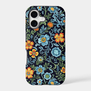 Intricate Floral Art: Blue and Orange Flowers 