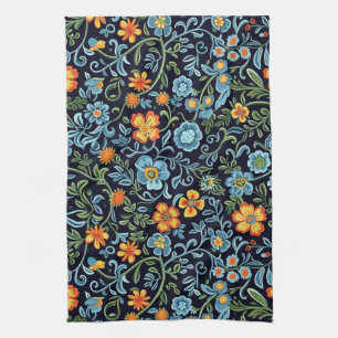 Intricate Floral Art: Blue and Orange Flowers  Kitchen Towel