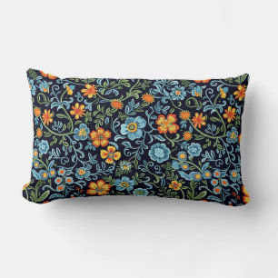 Intricate Floral Art: Blue and Orange Flowers Lumbar Pillow
