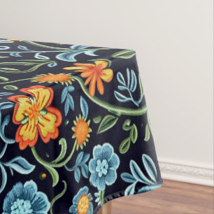 Intricate Floral Art: Blue and Orange Flowers Tablecloth