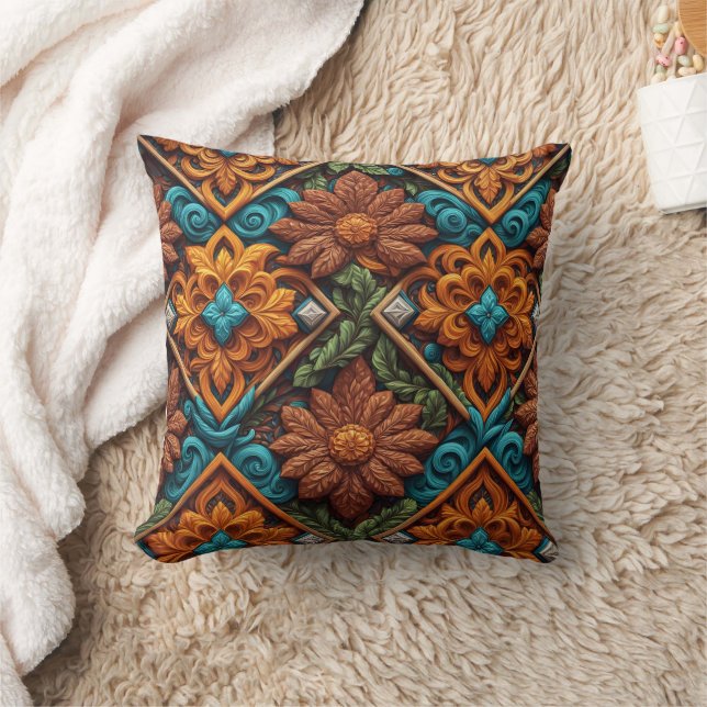 Intricate floral carvings in warm hues throw pillow (Blanket)