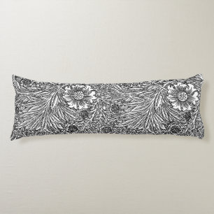 Intricate Floral Design in Black and White Body Pillow