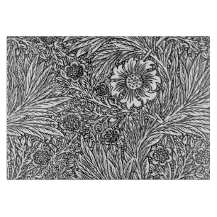 Intricate Floral Design in Black and White Glass Cutting Board