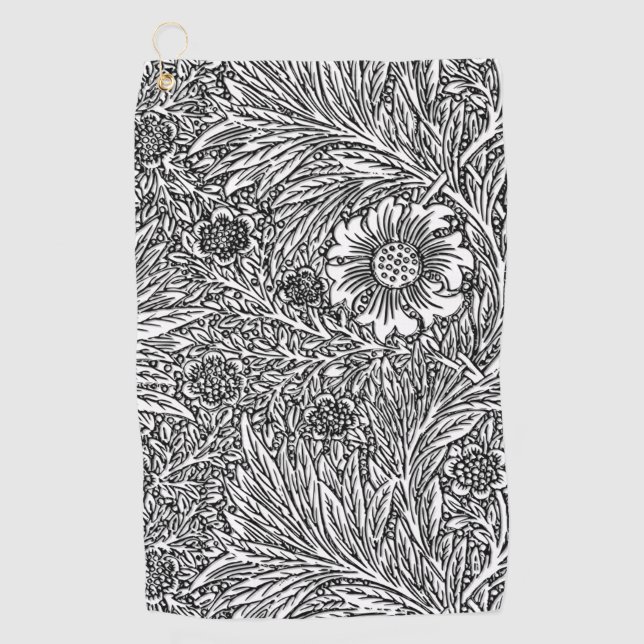 Intricate Floral Design in Black and White Golf Towel (Front)
