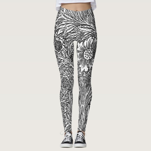 Intricate Floral Design in Black and White Leggings (Front)