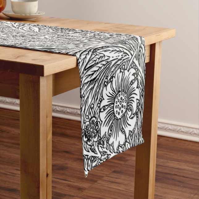 Intricate Floral Design in Black and White Short Table Runner (In Situ)