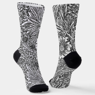 Intricate Floral Design in Black and White Socks