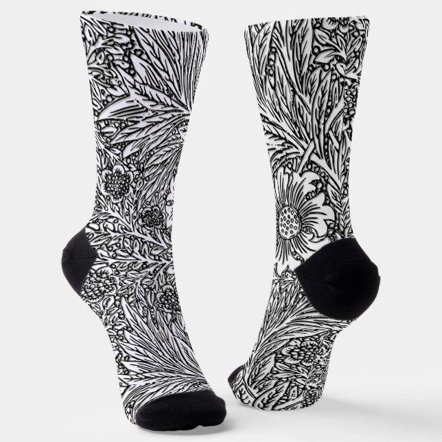 Intricate Floral Design in Black and White Socks (Angled)