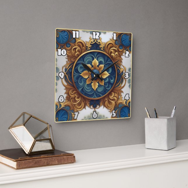 Intricate Floral Design in Blue and Gold Square Wall Clock (Office)