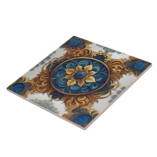 Intricate Floral Design in Blue and Gold Tile