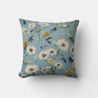 Intricate Floral Pattern With Bees. Throw Pillow