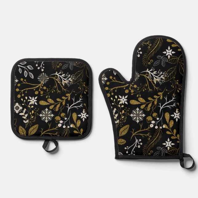 Intricate floral pattern with gold and white  oven mitt & pot holder set (Front)
