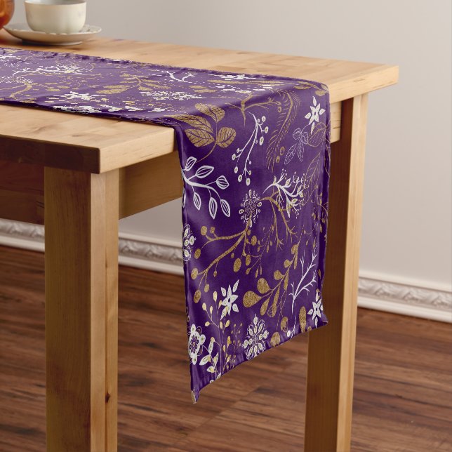 Intricate floral pattern with gold and white  short table runner (In Situ)