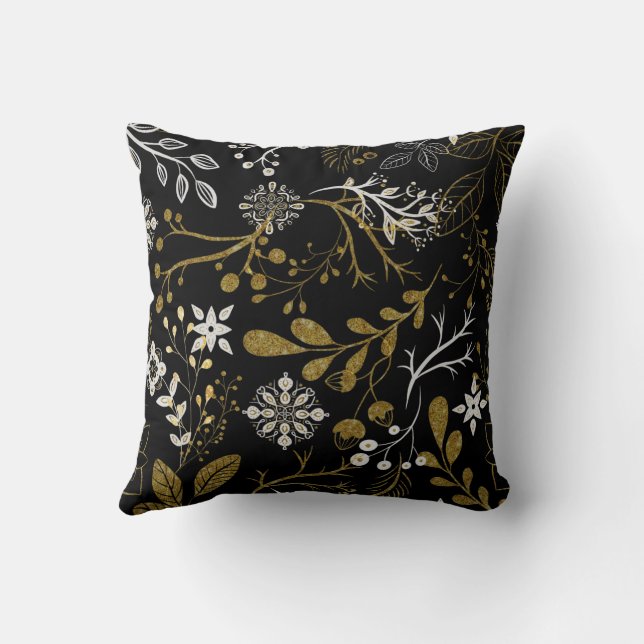 Intricate floral pattern with gold and white  throw pillow (Back)