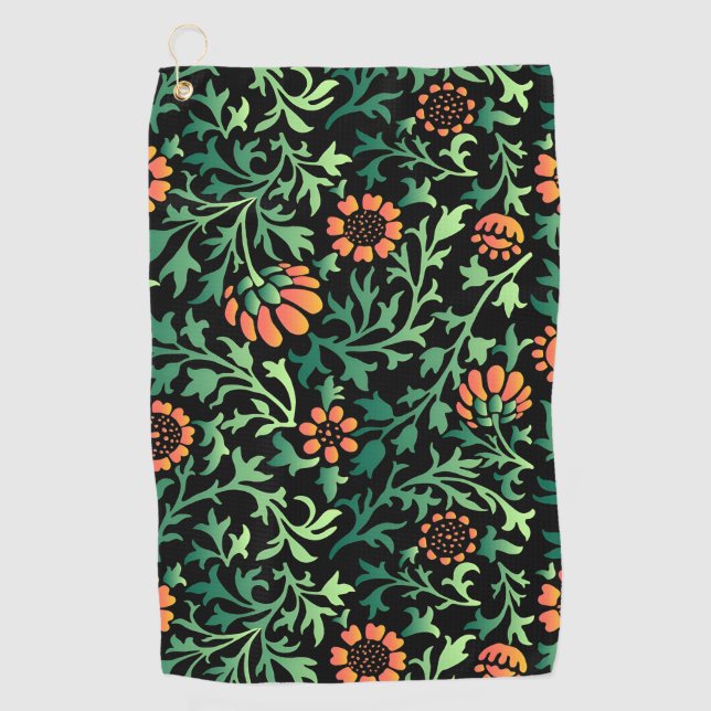 Intricate Floral Pattern with Green Leaves Golf Towel (Front)