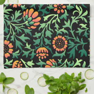 Intricate Floral Pattern with Green Leaves Kitchen Towel