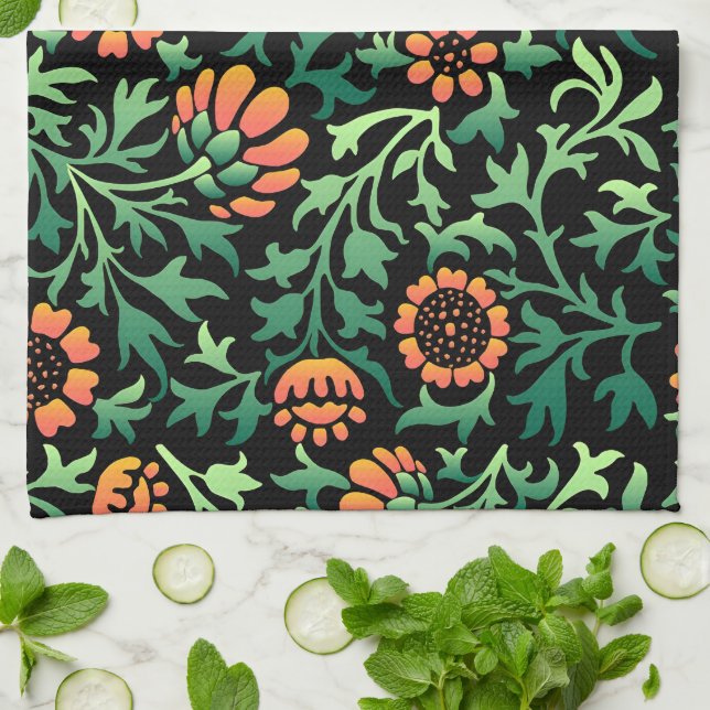 Intricate Floral Pattern with Green Leaves Kitchen Towel (Folded)