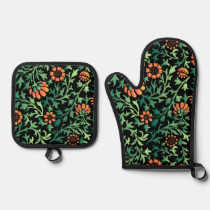 Intricate Floral Pattern with Green Leaves Oven Mitt & Pot Holder Set