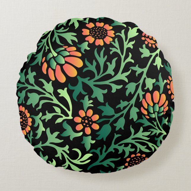 Intricate Floral Pattern with Green Leaves Round Pillow (Front)