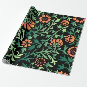 Intricate Floral Pattern with Green Leaves Wrapping Paper