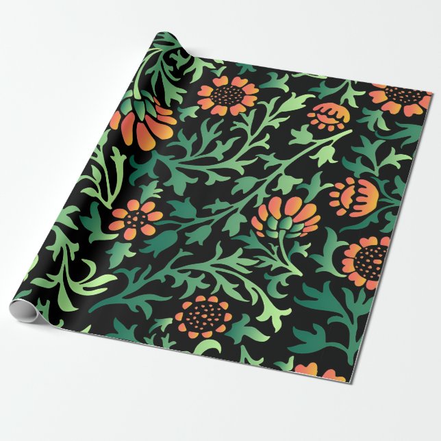 Intricate Floral Pattern with Green Leaves Wrapping Paper (Unrolled)