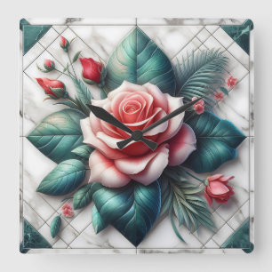 Intricate Floral Tile Mosaic Artwork Square Wall Clock