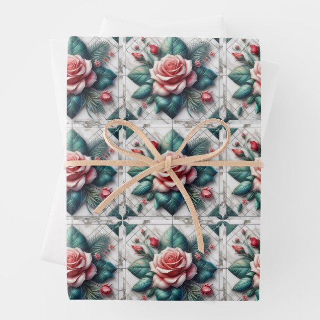 Intricate Floral Tile Mosaic Artwork Wrapping Paper Sheet (In situ)