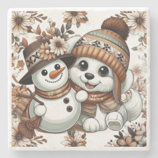 Intricate Floral Winter Wonderland: Adorable Dog  Stone Coaster