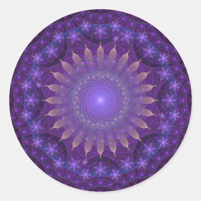 Intricate Fractal Mandala | Purple, Blue, Orange Classic Round Sticker (Front)
