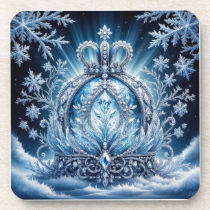Intricate Frost-Covered Crown With Glittering Gems Coaster