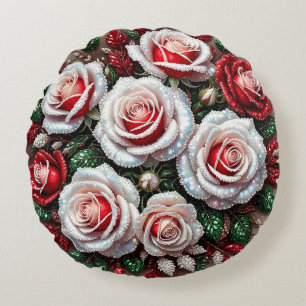 Intricate Gem Embellished Floral Design Round Pillow