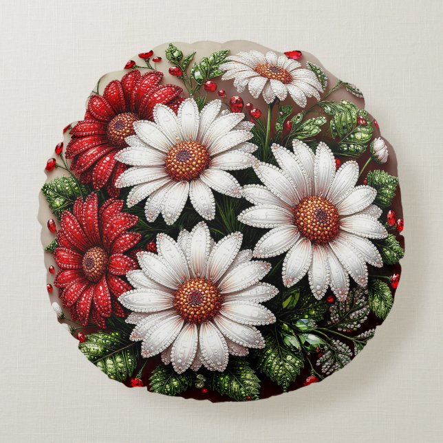 Intricate Gem Embellished Floral Design Round Pillow (Front)