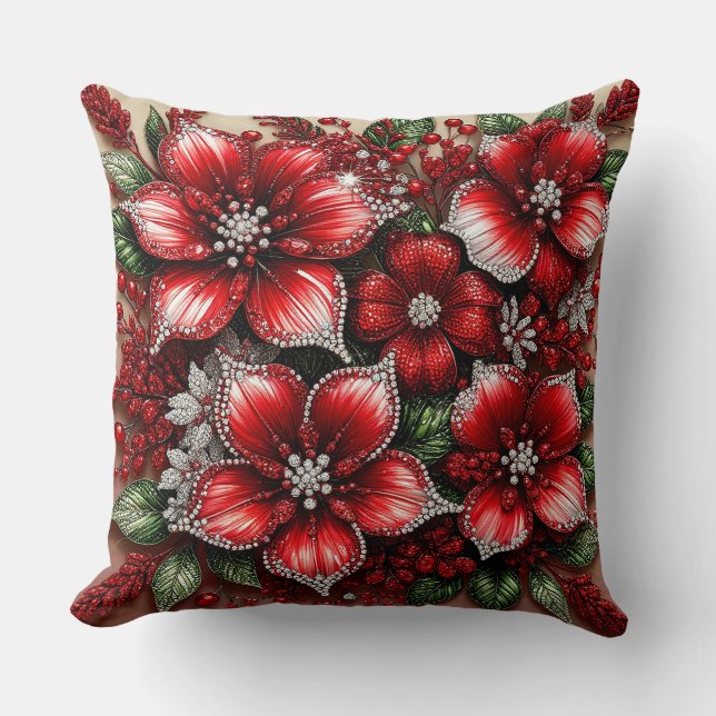 Intricate Gem Embellished Floral Design Throw Pillow (Front)