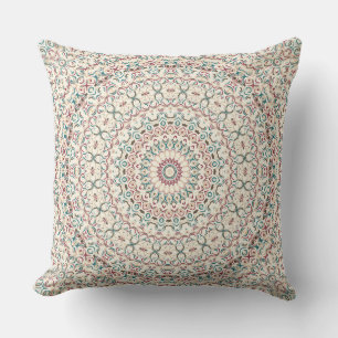 Intricate Geometric Mandala in Teal, Rose, & Sand Throw Pillow