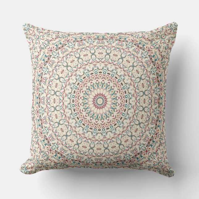 Intricate Geometric Mandala in Teal, Rose, & Sand Throw Pillow (Front)