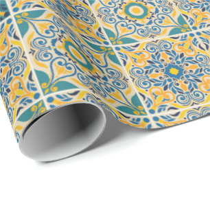 Intricate geometric pattern with blue, yellow wrapping paper