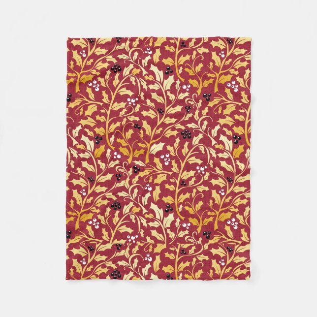 Intricate gold and red holly pattern fleece blanket (Front)