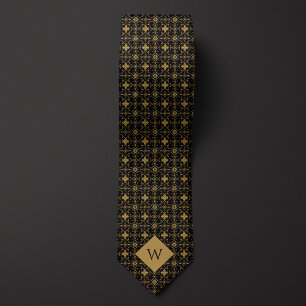 Intricate Gold & Black Arabesque Monogram Tie
